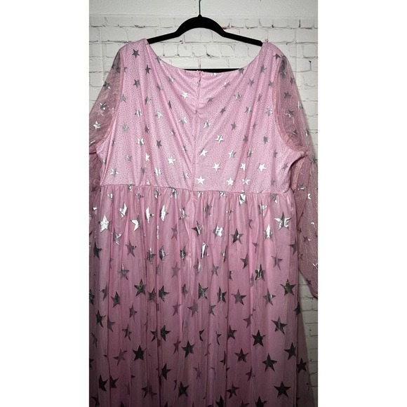 X Plus Wear Pink Silver Star Tulle Mesh Maxi Dress Long Sleeve V Neck Plus SZ 4X - Picture 5 of 8